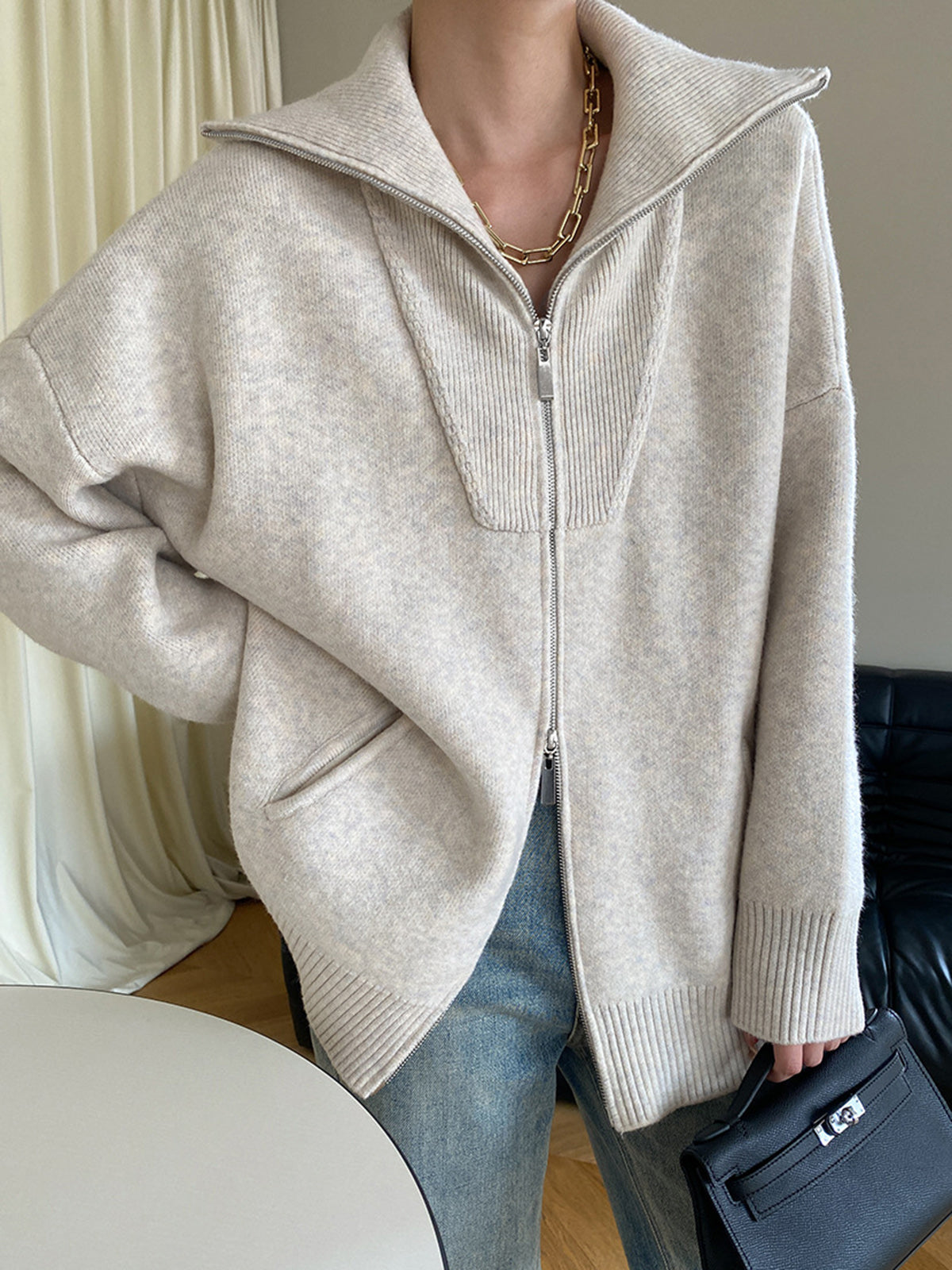 ModeGeist | Oversized Strickjacke mit Reißverschluss Weich und Warm Lässige Eleganz
