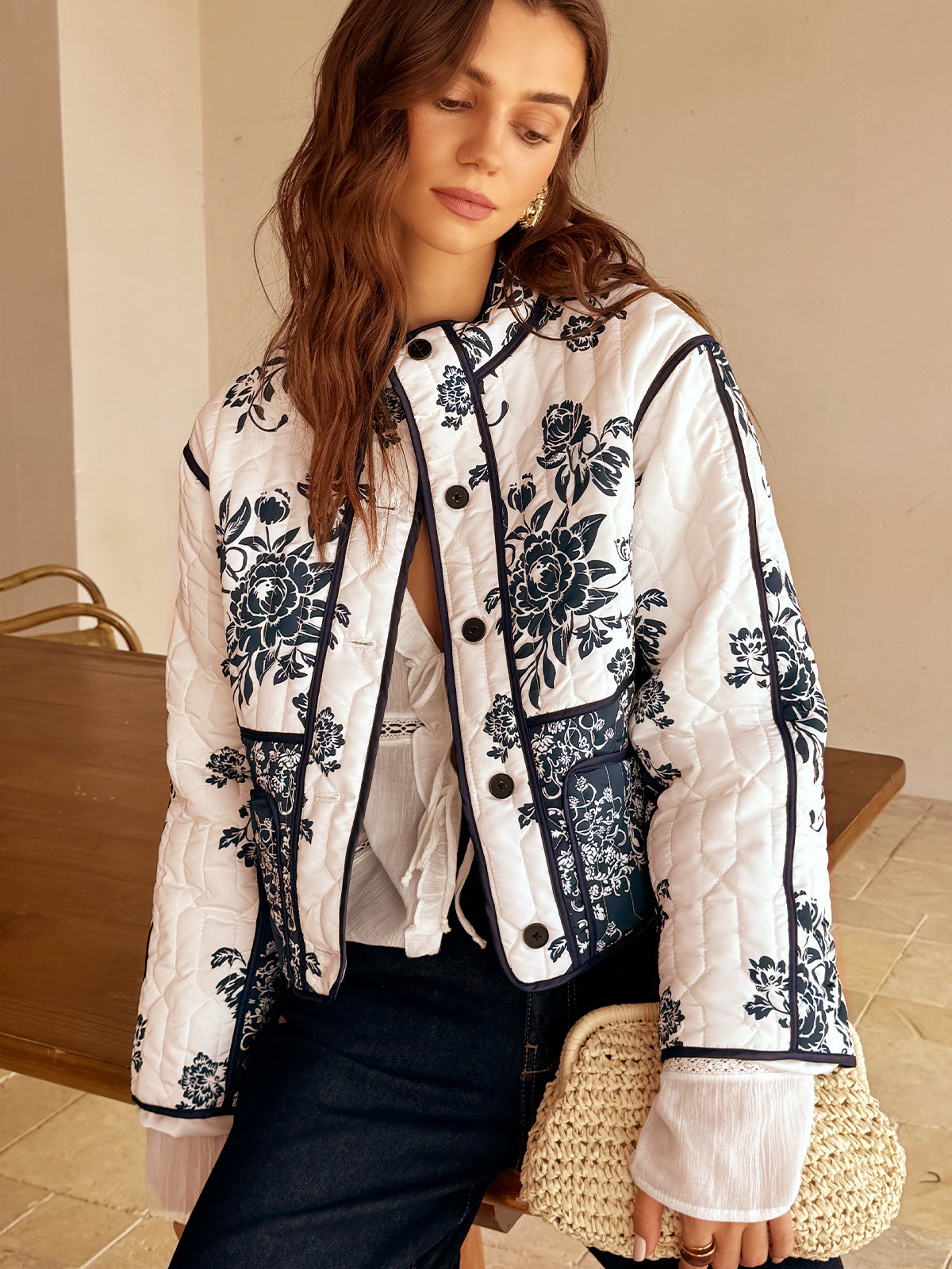 ModeGeist | Couture Boheme Gedruckter Reißverschluss Lockerer Mantel Reguläre Passform Essentiell