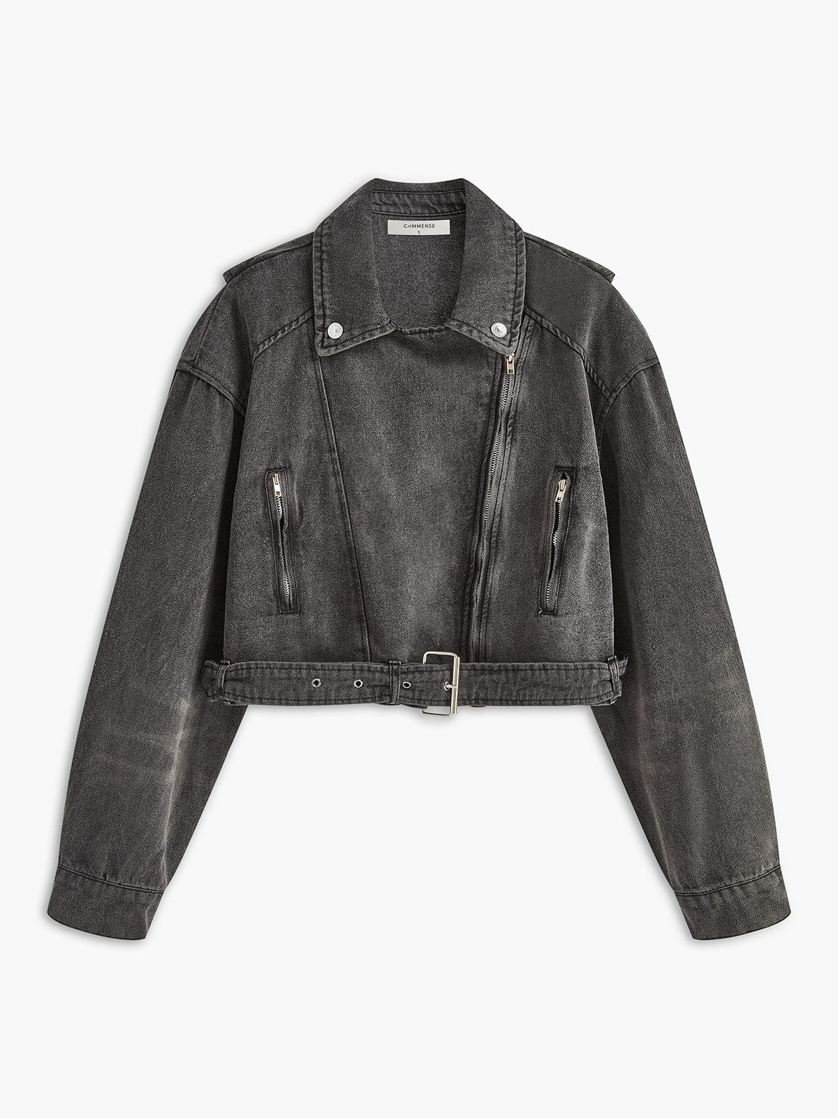 ModeGeist | Schwarze Cropped Bikerjacke Aus Denim für Den Ultimativen Rock Chic Look