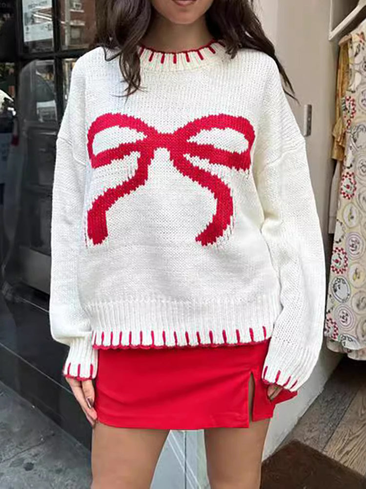 ModeGeist | Strickpullover mit Schleifenmotiv Lässige Passform Süß und Bequem
