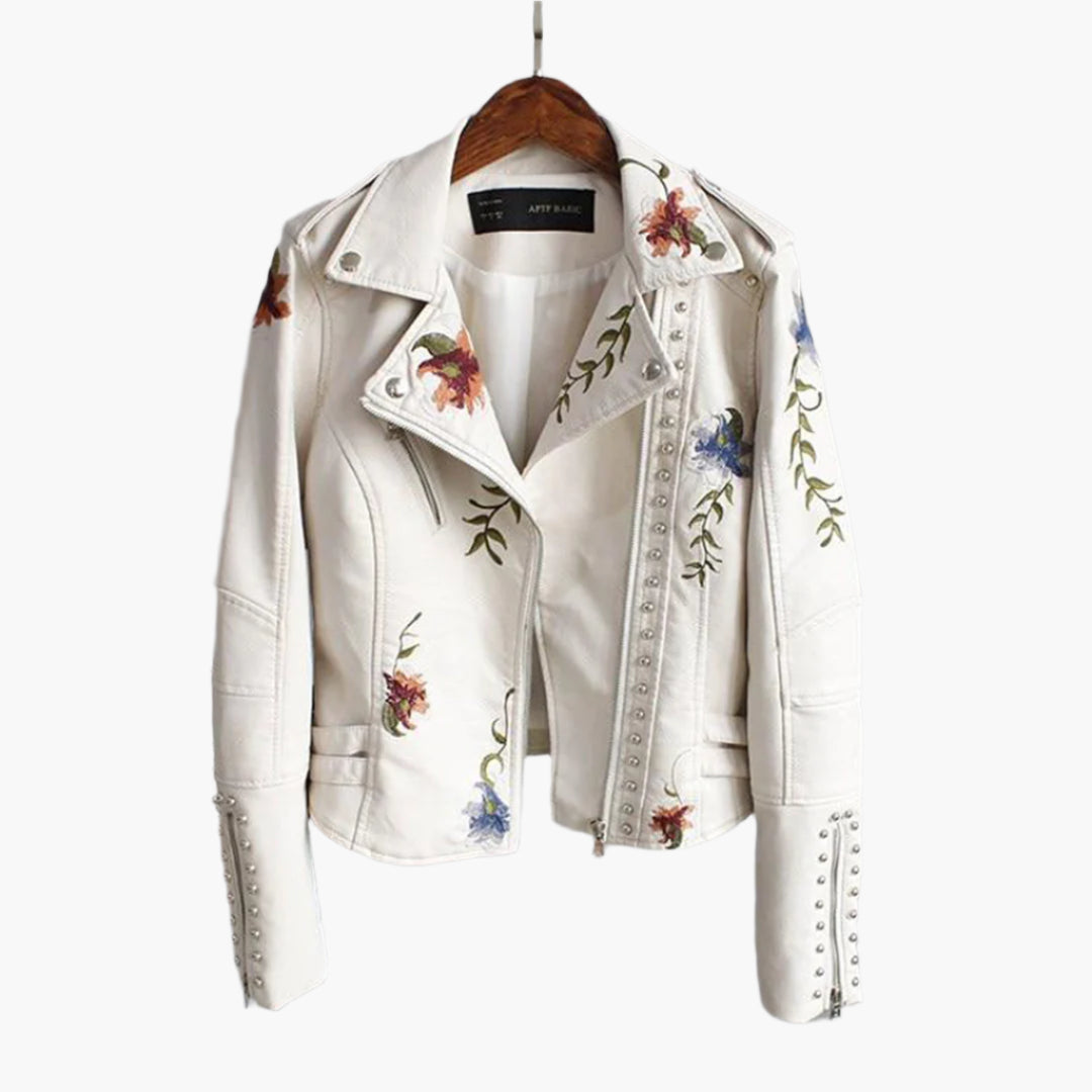 ModeGeist | Bikerjacke mit Blumenmuster für Damen - Kurz