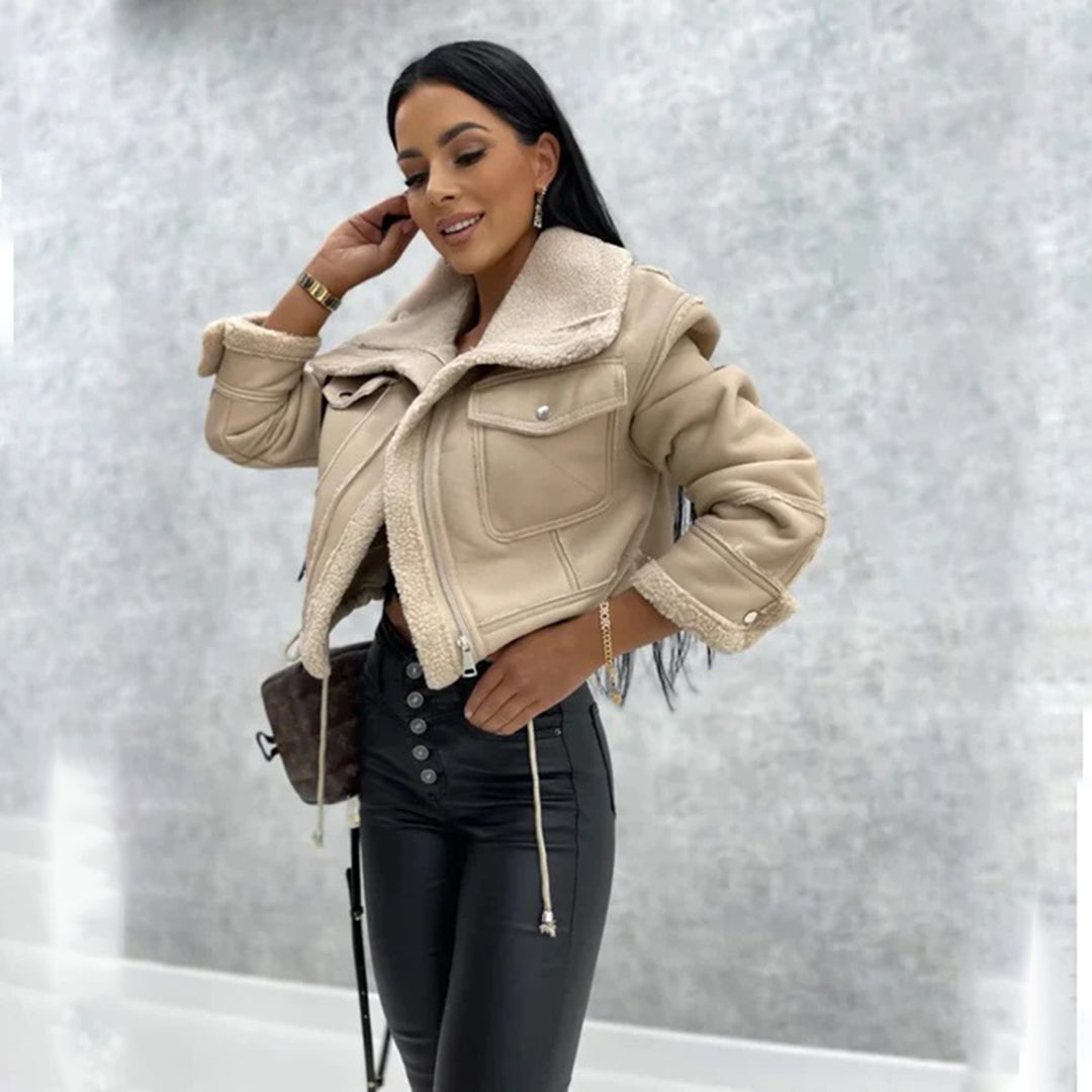 ModeGeist | Wollähnliche Kurze Motorrad Reißverschlussjacke