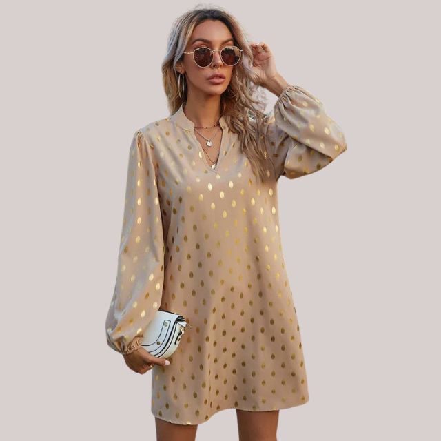 MODEGEIST Damen Mini-Kleid Polka Dots Gold Kurzarm