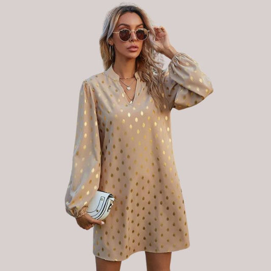 MODEGEIST Damen Mini-Kleid Polka Dots Gold Kurzarm