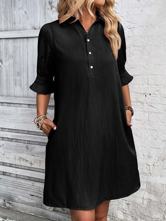 MODEGEIST Damen Hemdblusenkleid Schwarz 3/4-Ärmel Knielang