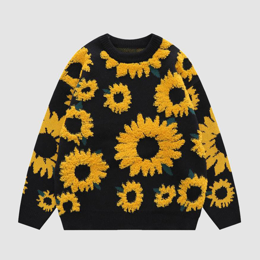 ModeGeist | Pullover Sonnenblumenprint Acryl Gemustert, Bequem