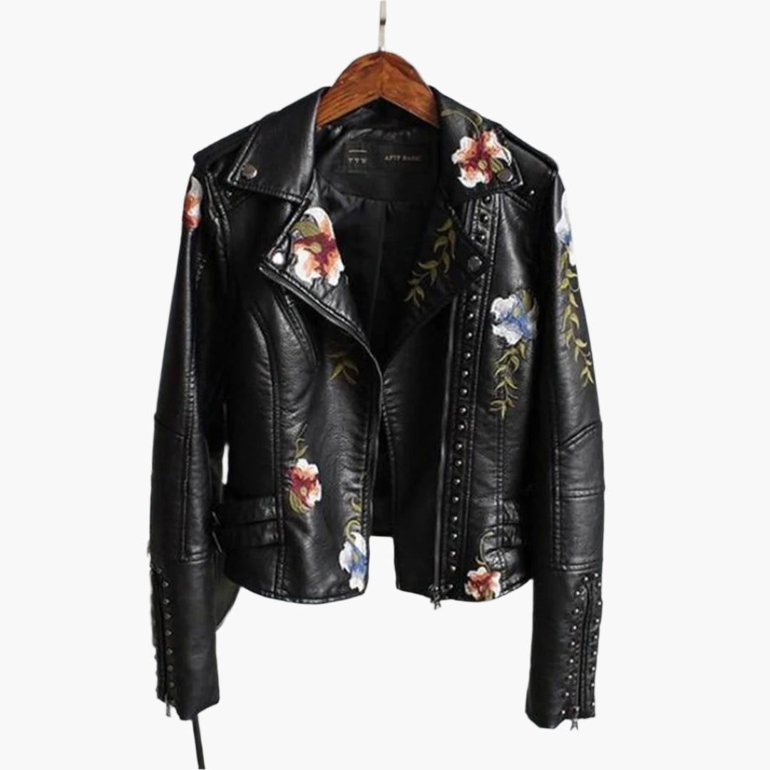 ModeGeist | Bikerjacke mit Blumenmuster für Damen - Kurz