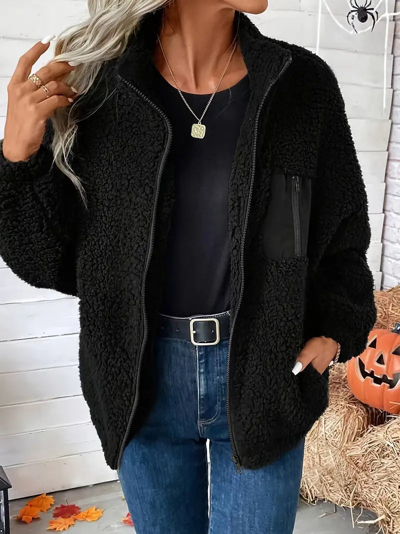 Lässige Shifira Teddyjacke mit Reißverschluss vorne, Drop Shoulder und langen Ärmeln in unifarbener Optik