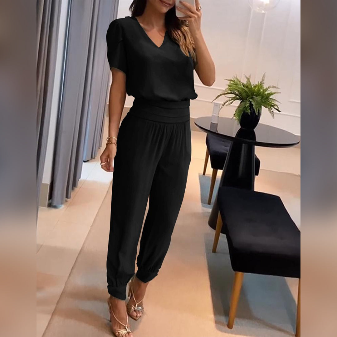Damen-Jumpsuit mit V-Ausschnitt und elastischer Taille