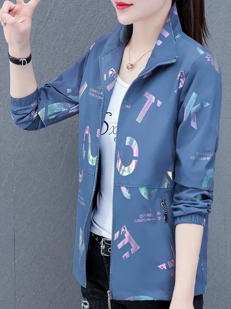Lässige, langärmelige Yuvin Windbreaker-Jacke mit Buchstabenprint und Zipper