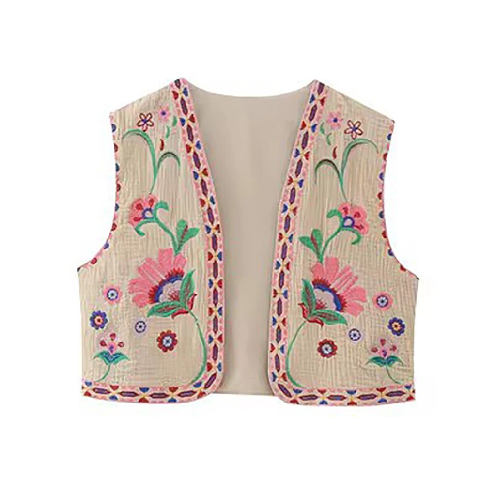 MODEGEIST Damen Boho Weste Blumenstickerei Offener Schnitt