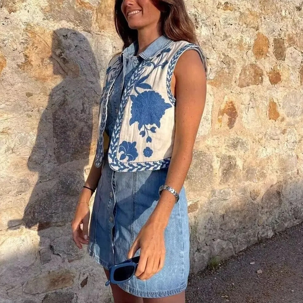 MODEGEIST Damen Boho Weste Blumenstickerei Offener Schnitt