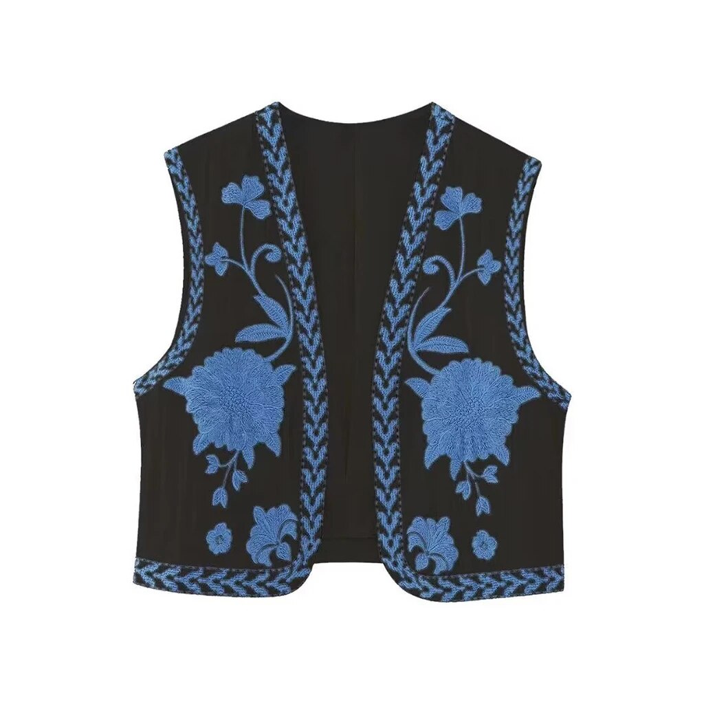 MODEGEIST Damen Boho Weste Blumenstickerei Offener Schnitt