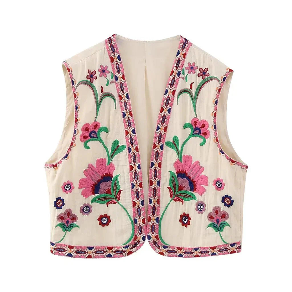 MODEGEIST Damen Boho Weste Blumenstickerei Offener Schnitt
