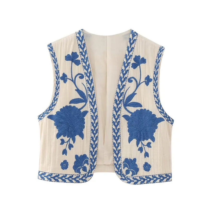 MODEGEIST Damen Boho Weste Blumenstickerei Offener Schnitt