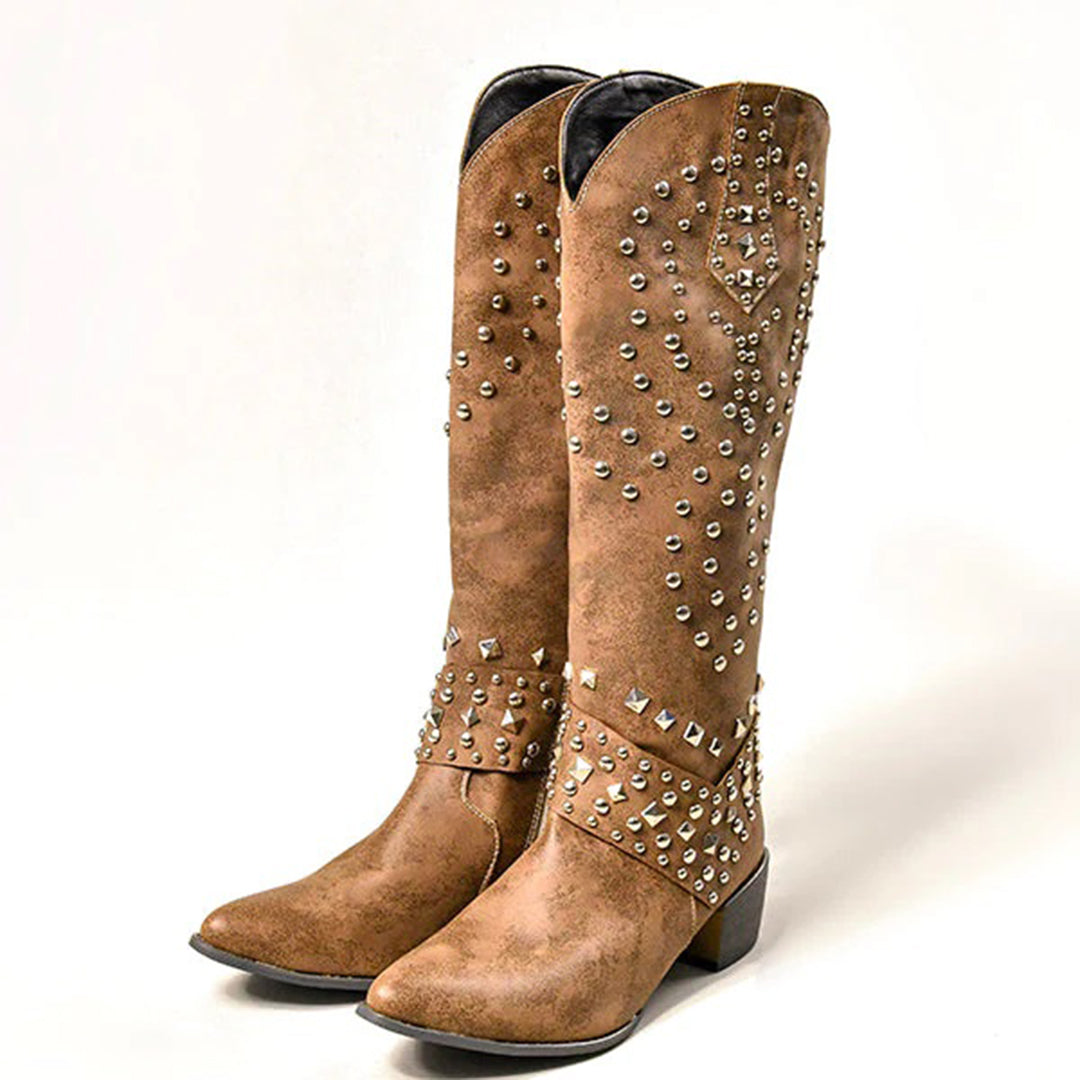 JOAN – Edle Stiefel mit angesagten Nieten in Metallic-Optik und elegantem hohen Absatz
