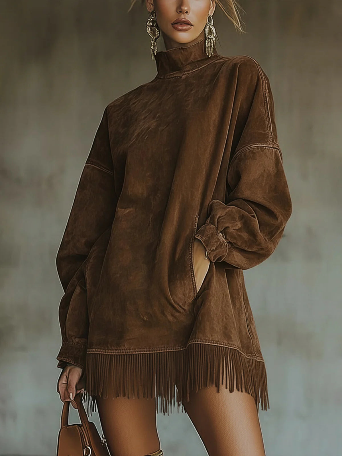 MODEGEIST Damen Fransen-Kleid Relaxed Fit Kunstwildleder Braun