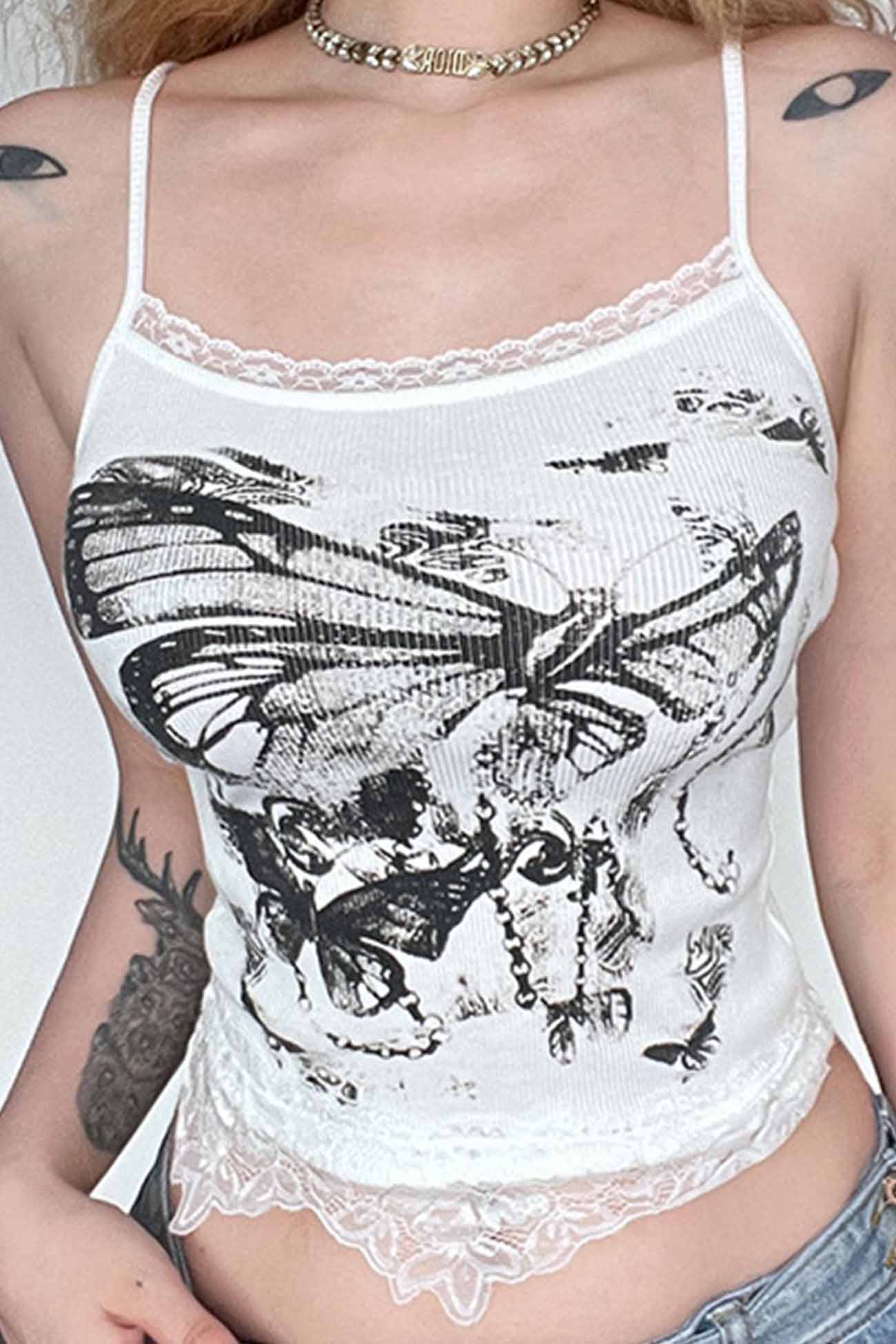 Fudus bedrucktes Cami-Crop-Top aus Spitzen-Patchwork