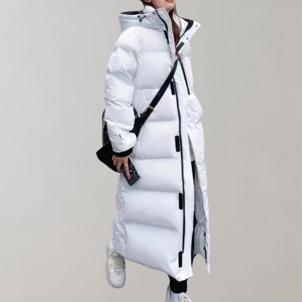 ModeGeist | Lange Pufferjacke mit Kapuze - Reißverschluss