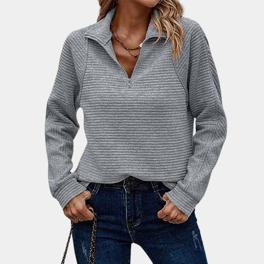 Frauen-Pullover mit geripptem 1/4-Reißverschluss
