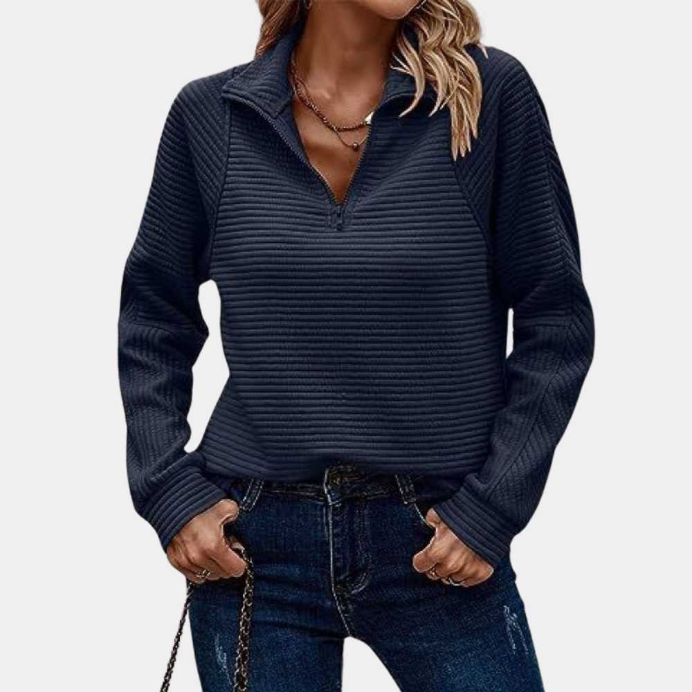 Frauen-Pullover mit geripptem 1/4-Reißverschluss