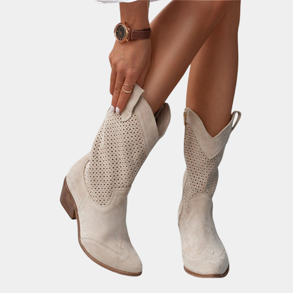 ModeGeist | Cowboy Stiefel - Leder-Obermaterial - Perforierter Schaft - Spitz Zulaufende Zehe - Blockabsatz