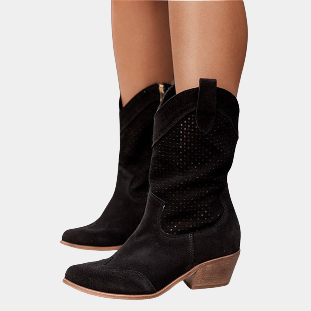 ModeGeist | Cowboy Stiefel - Leder-Obermaterial - Perforierter Schaft - Spitz Zulaufende Zehe - Blockabsatz