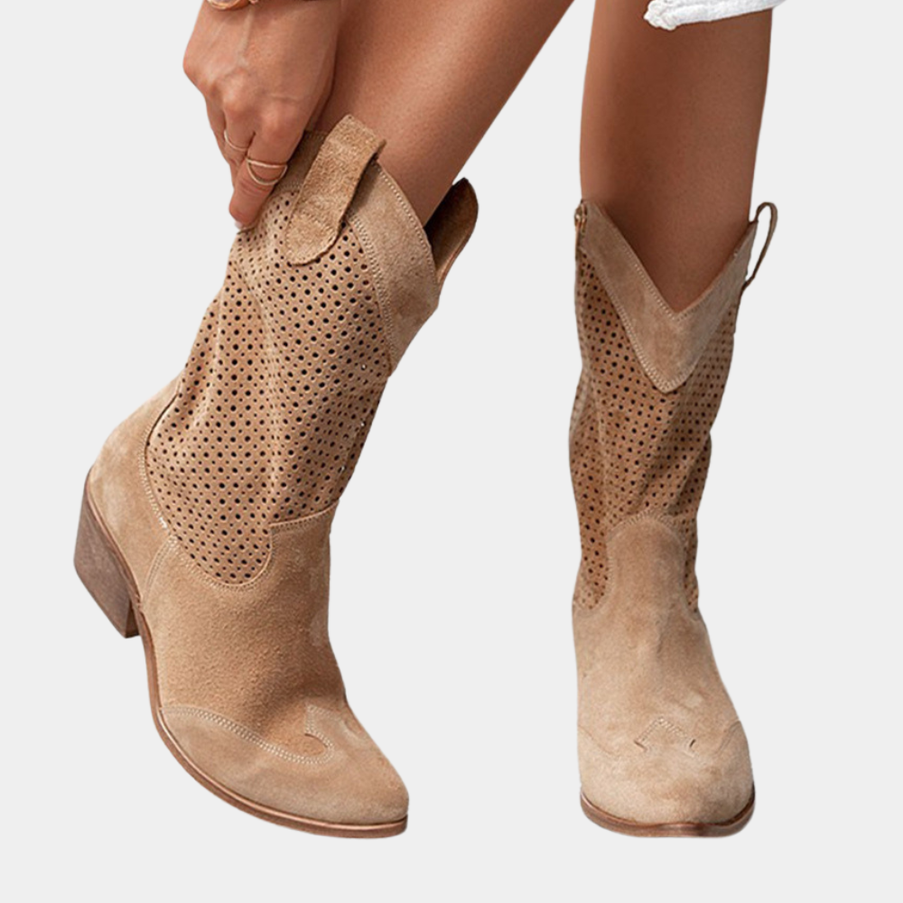 ModeGeist | Cowboy Stiefel - Leder-Obermaterial - Perforierter Schaft - Spitz Zulaufende Zehe - Blockabsatz