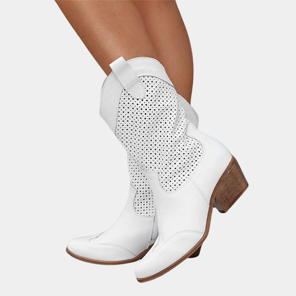 ModeGeist | Cowboy Stiefel - Leder-Obermaterial - Perforierter Schaft - Spitz Zulaufende Zehe - Blockabsatz