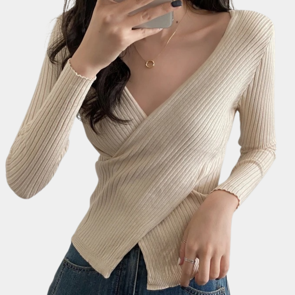 ModeGeist | Pullover - Damen Schicker Gestrickter Wickel-Pullover