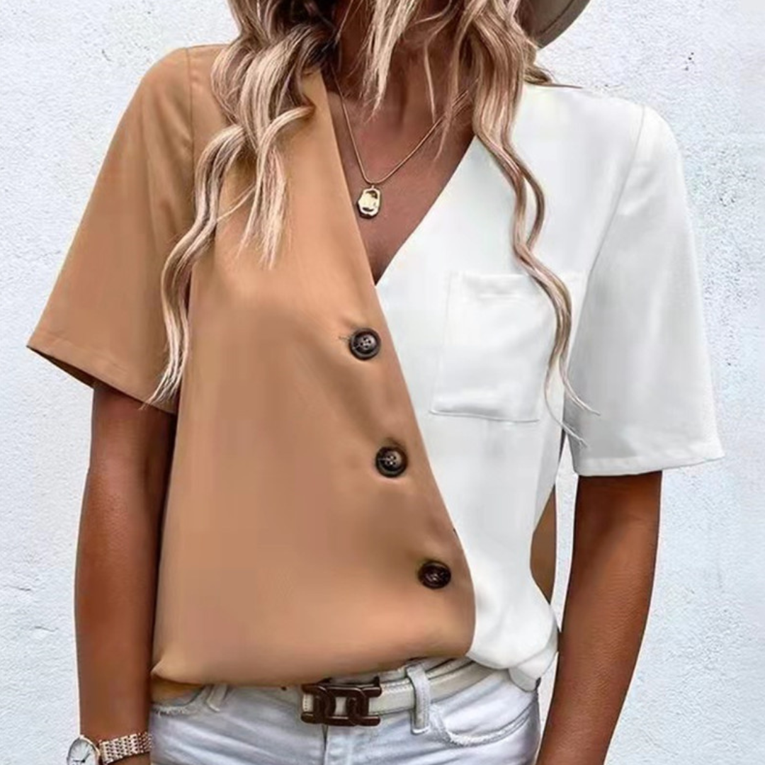 Damenbluse Lara: Eleganter V-Ausschnitt, modische Knopfleiste, luxuriöses zweifarbiges Design