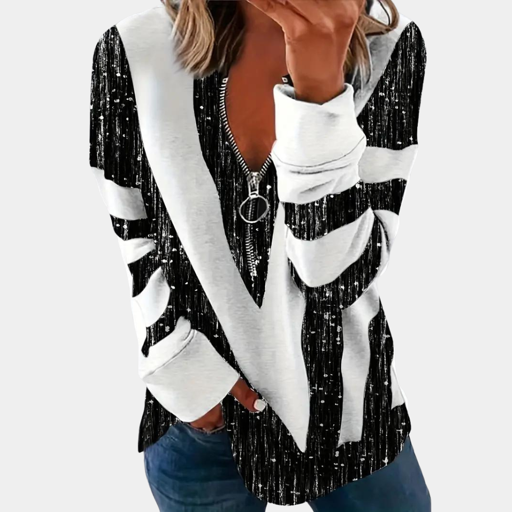 Damen V-Ausschnitt Zip-Up Oberteil mit Streifen