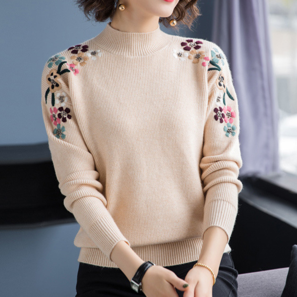 ModeGeist | Weiche Damenpullover mit Bestickten Blumen