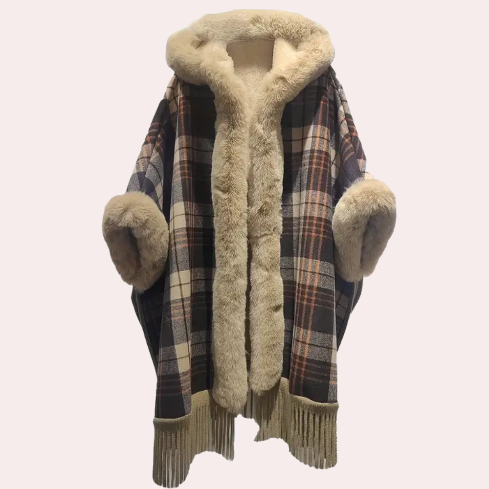 ModeGeist | Poncho-Jacke - Luxus-Damenumhang mit Kapuze und Fake-Fur-Besatz