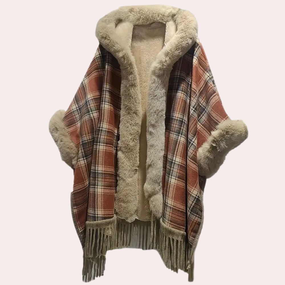 ModeGeist | Poncho-Jacke - Luxus-Damenumhang mit Kapuze und Fake-Fur-Besatz