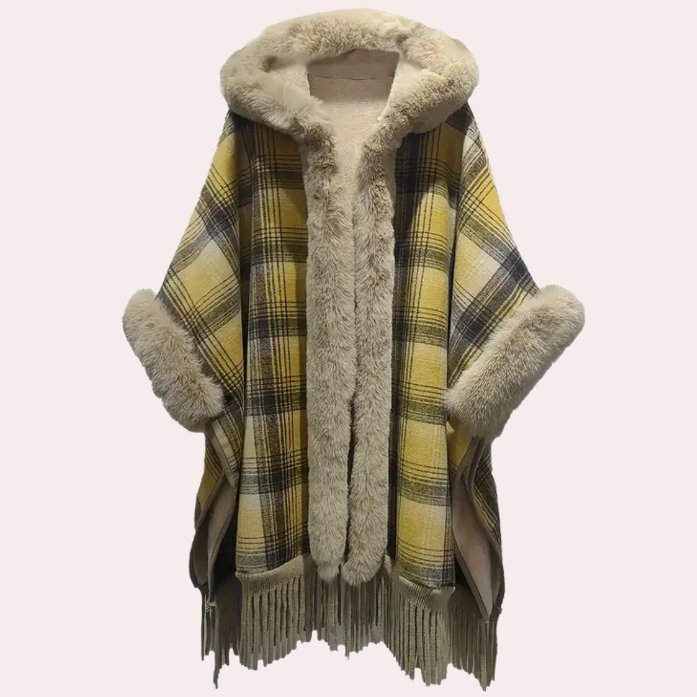 ModeGeist | Poncho-Jacke - Luxus-Damenumhang mit Kapuze und Fake-Fur-Besatz