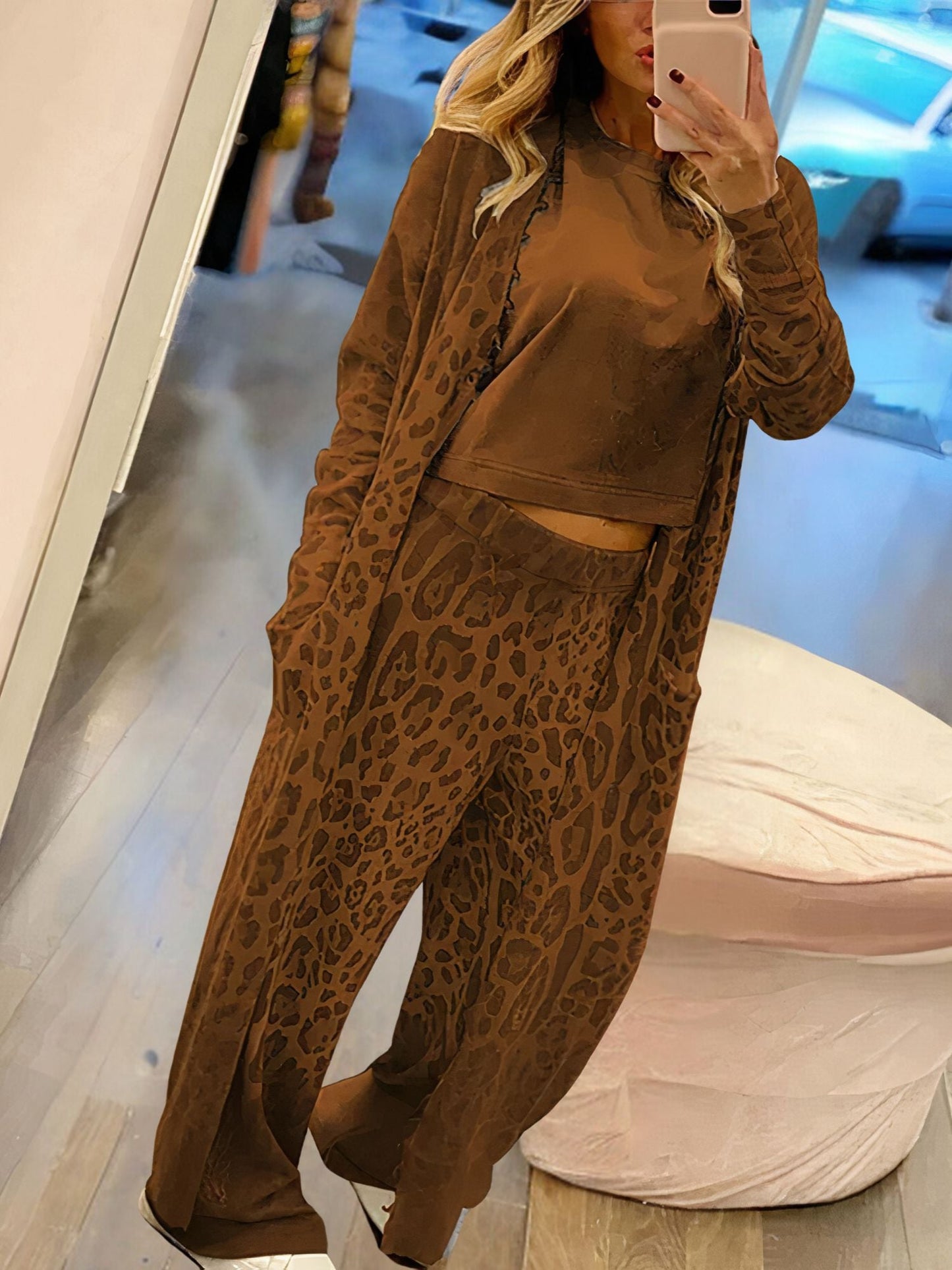 Leopardenmuster Strickjacke und Hose Set - Cande