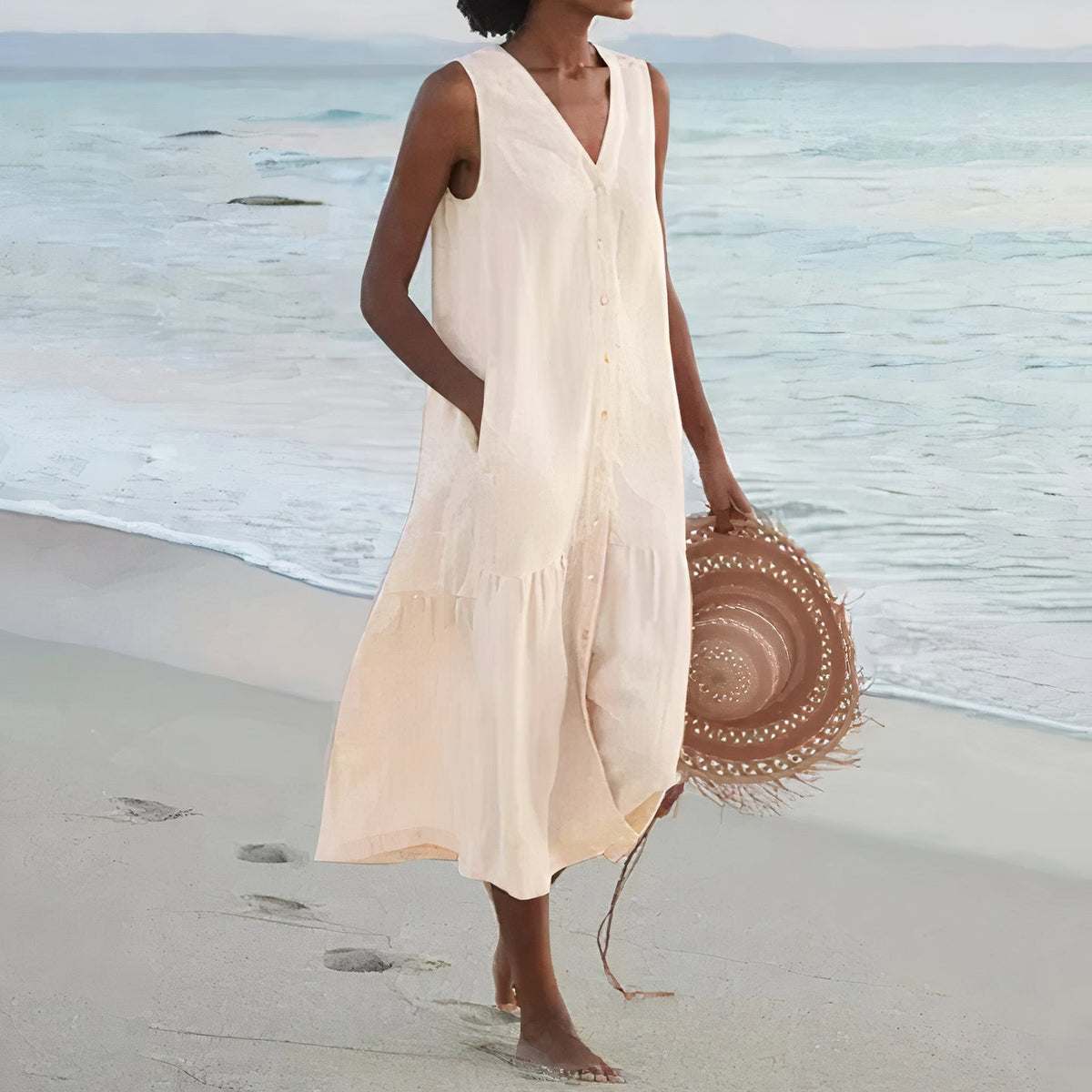Modernes, ärmelloses Leinen-Midikleid für Damen
