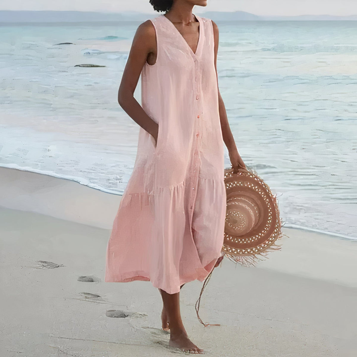 Modernes, ärmelloses Leinen-Midikleid für Damen