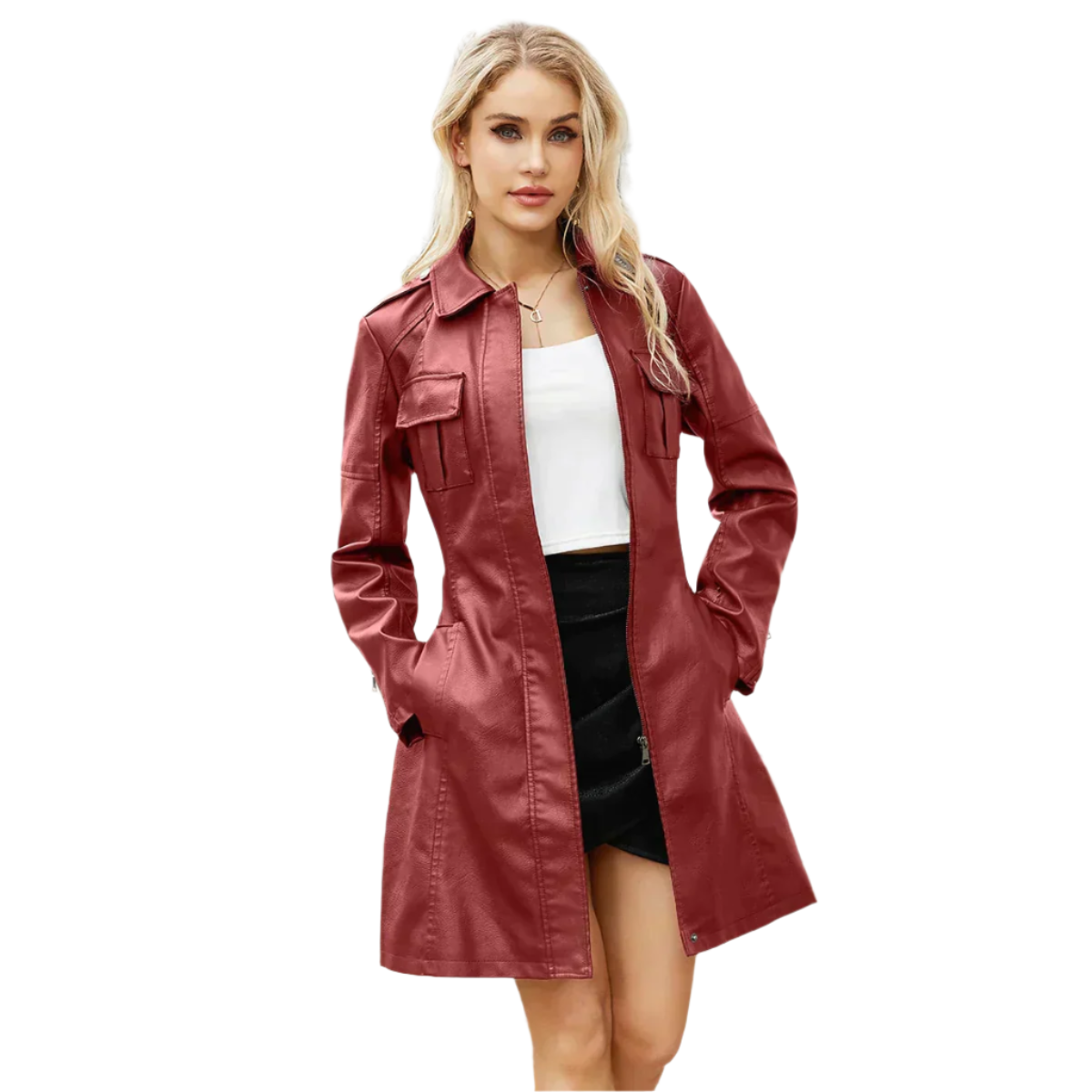 ModeGeist | Lange Damenjacke aus Kunstleder mit Gürtel