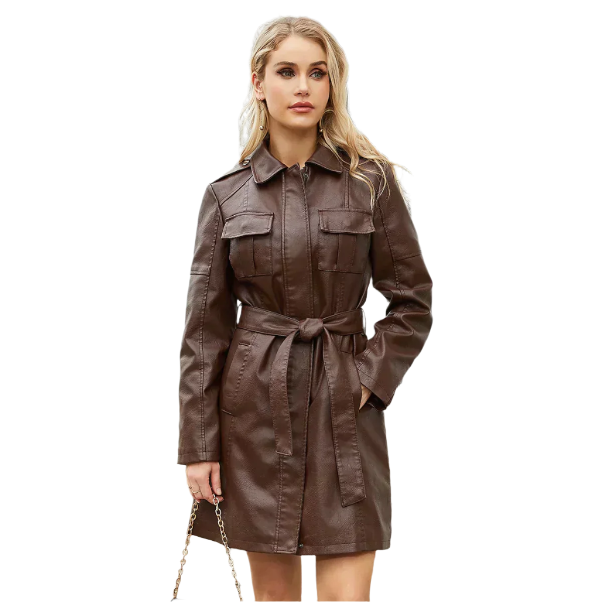 ModeGeist | Lange Damenjacke aus Kunstleder mit Gürtel