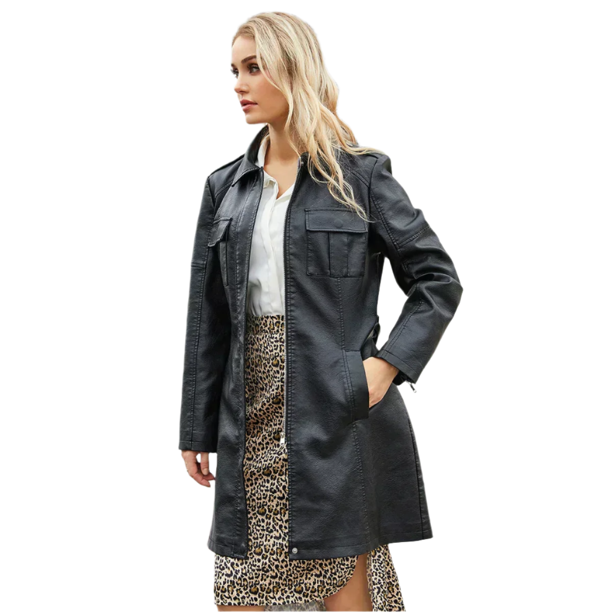 ModeGeist | Lange Damenjacke aus Kunstleder mit Gürtel