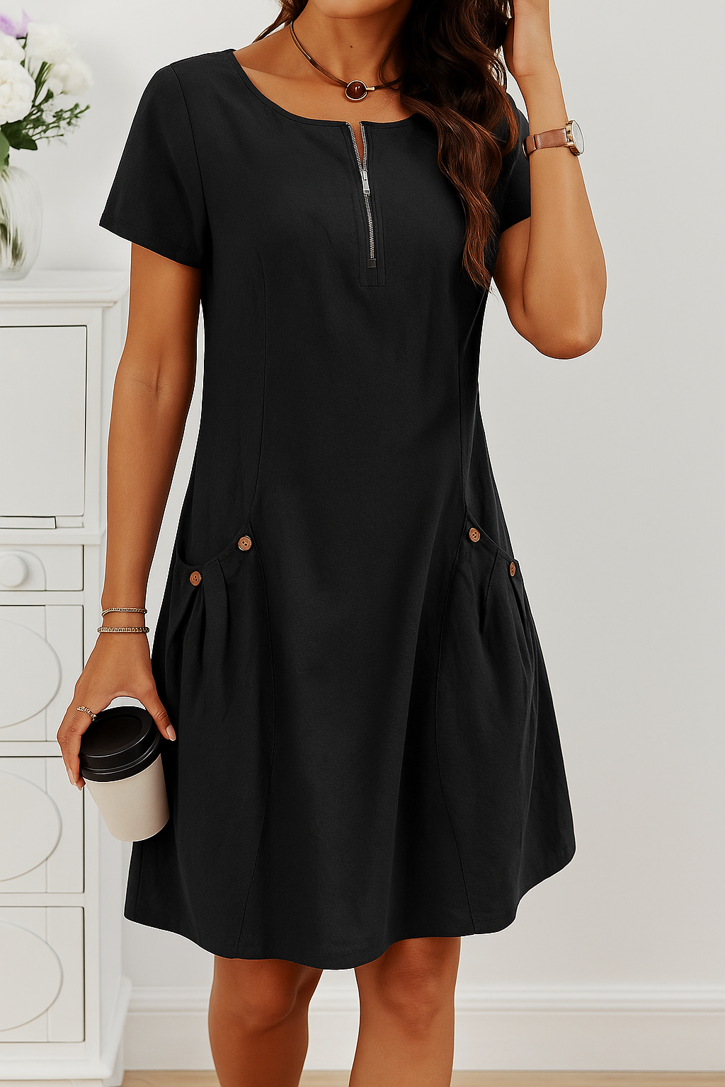 MODEGEIST Damen Sommerkleid mit Knopfleiste A-Linie und Taschen