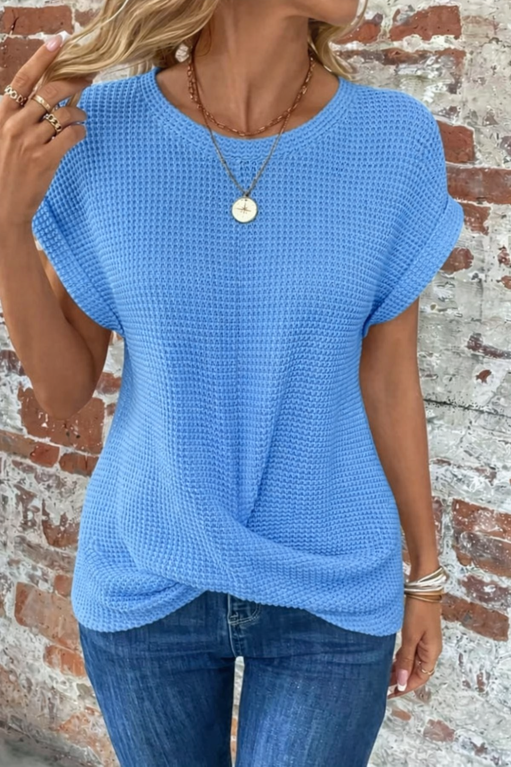 MODEGEIST Damen Casual T-Shirt Waffelstrick Kurze Ärmel Twist-Design