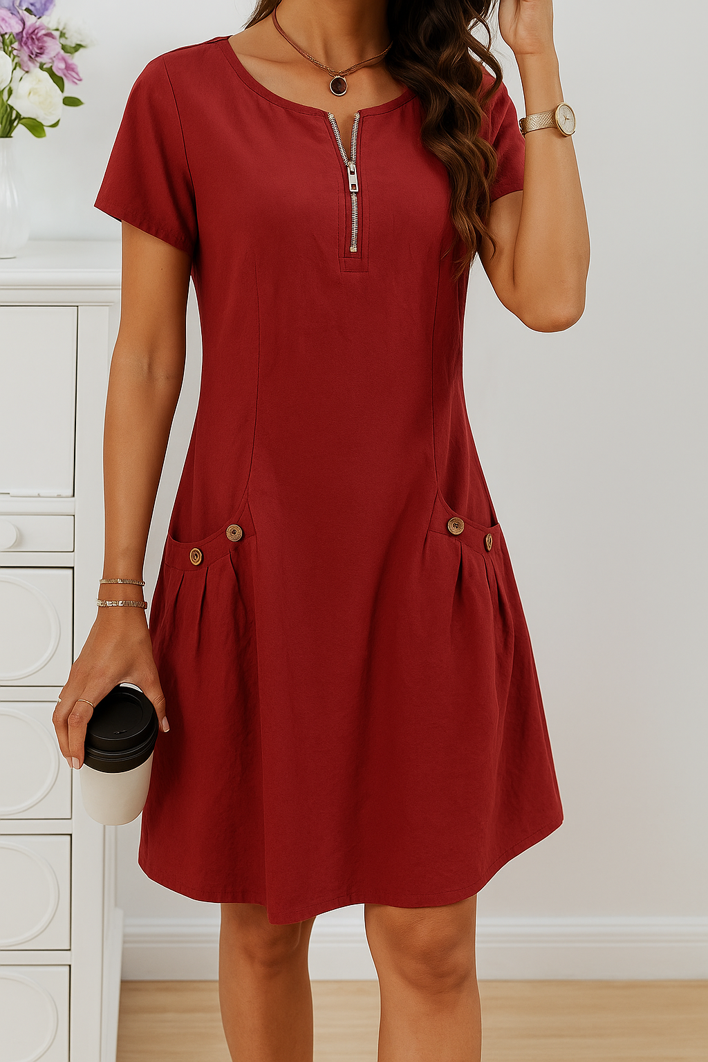 MODEGEIST Damen Sommerkleid mit Knopfleiste A-Linie und Taschen