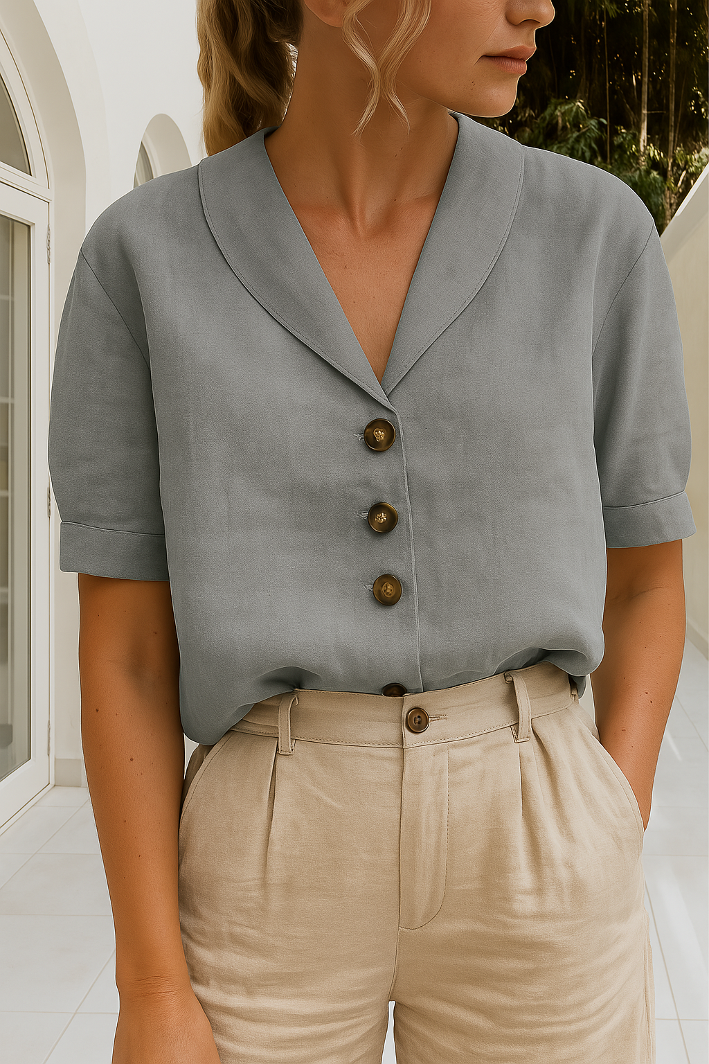 MODEGEIST Damen Bluse Kurzarm Leichter Stoff Wickelausschnitt