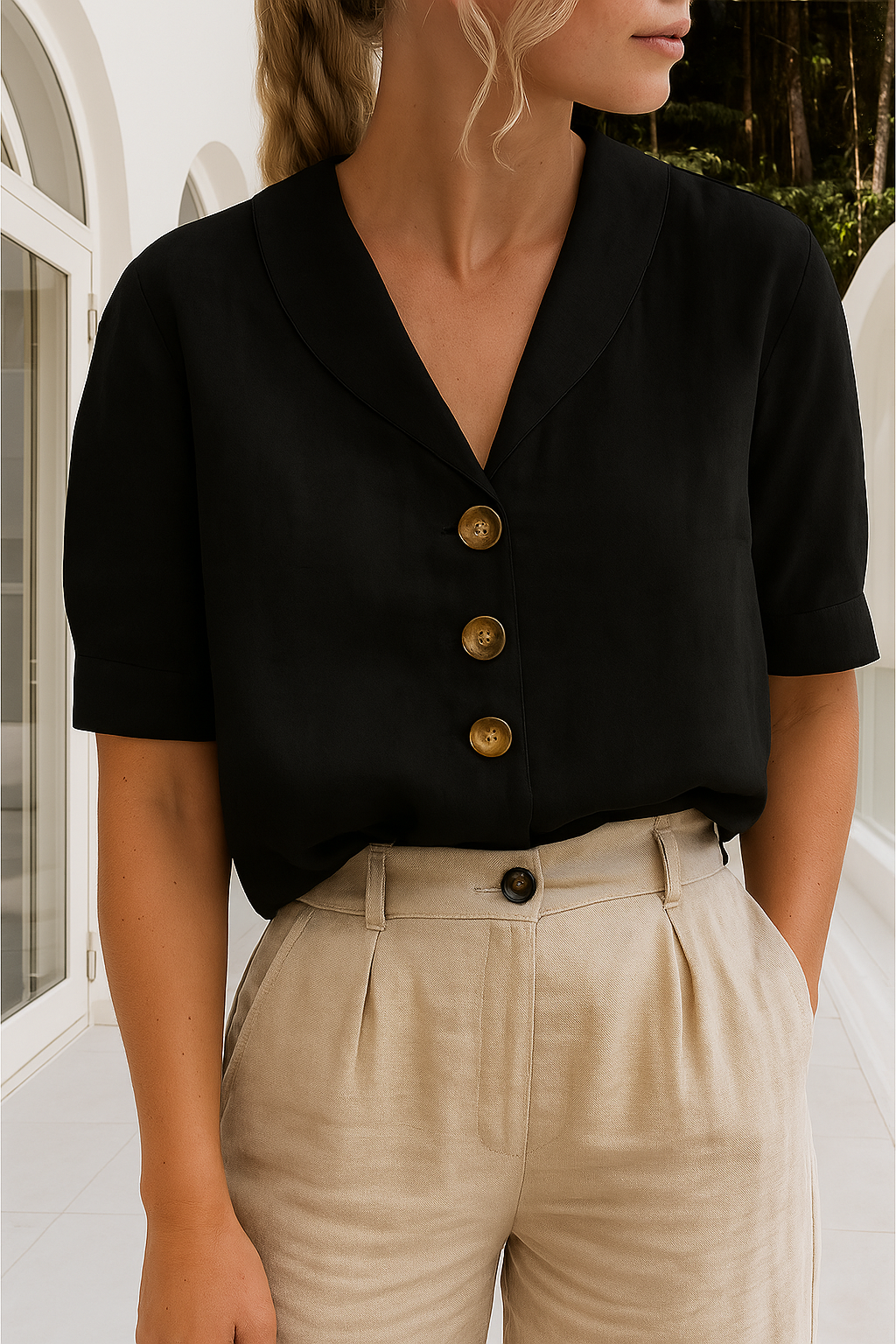 MODEGEIST Damen Bluse Kurzarm Leichter Stoff Wickelausschnitt
