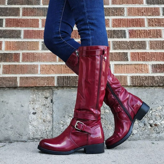 MODEGEIST Damen Kniehohe Stiefel Schwarz Runde Spitze