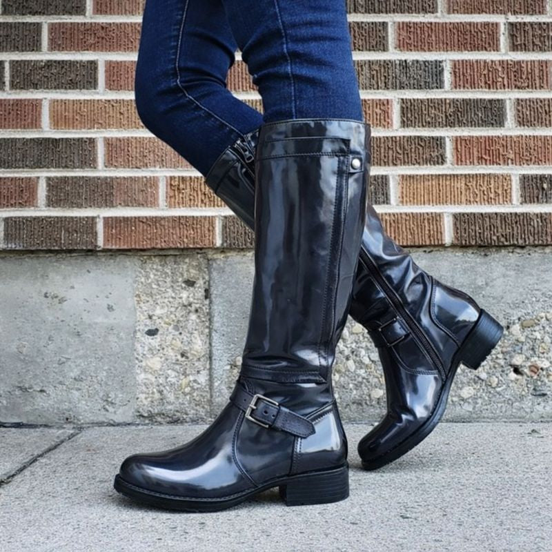 MODEGEIST Damen Kniehohe Stiefel Runde Spitze Robuste Sohle Schwarz