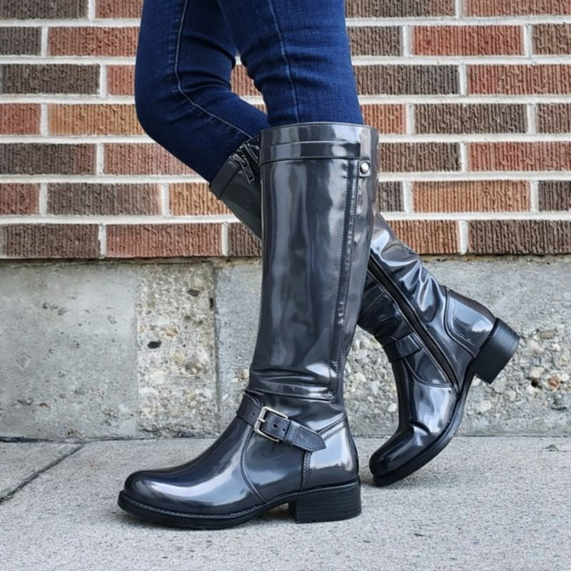MODEGEIST Damen Kniehohe Stiefel Runde Spitze Robuste Sohle Schwarz
